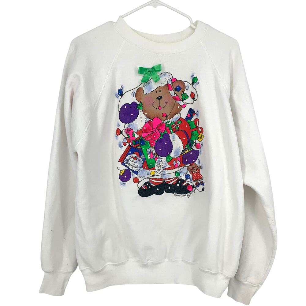 I'm Yours Vintage Teddy Bear Santa Christmas Colorful Crewneck Sweater Size M